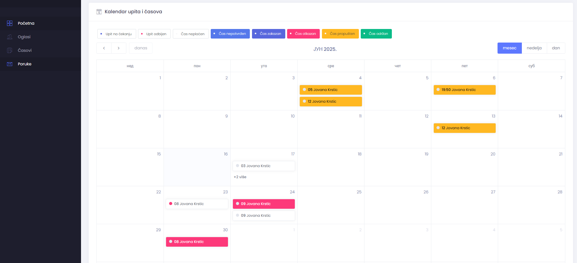 Studentski dashboard - kalendar časova